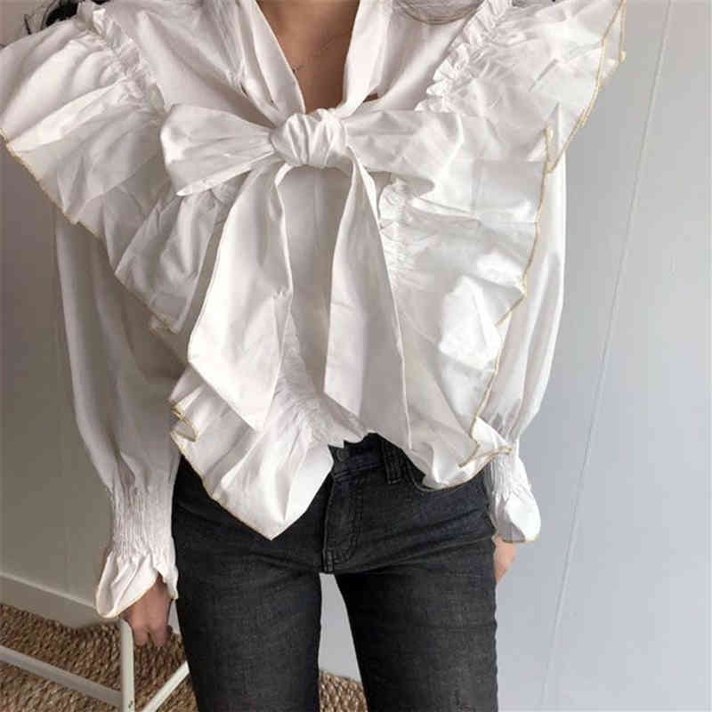 Women White Blouse Spring Korean Style Fashion Lace Bow Long-Sleeve Shirt Loose Black Female Tops 0735J 210420