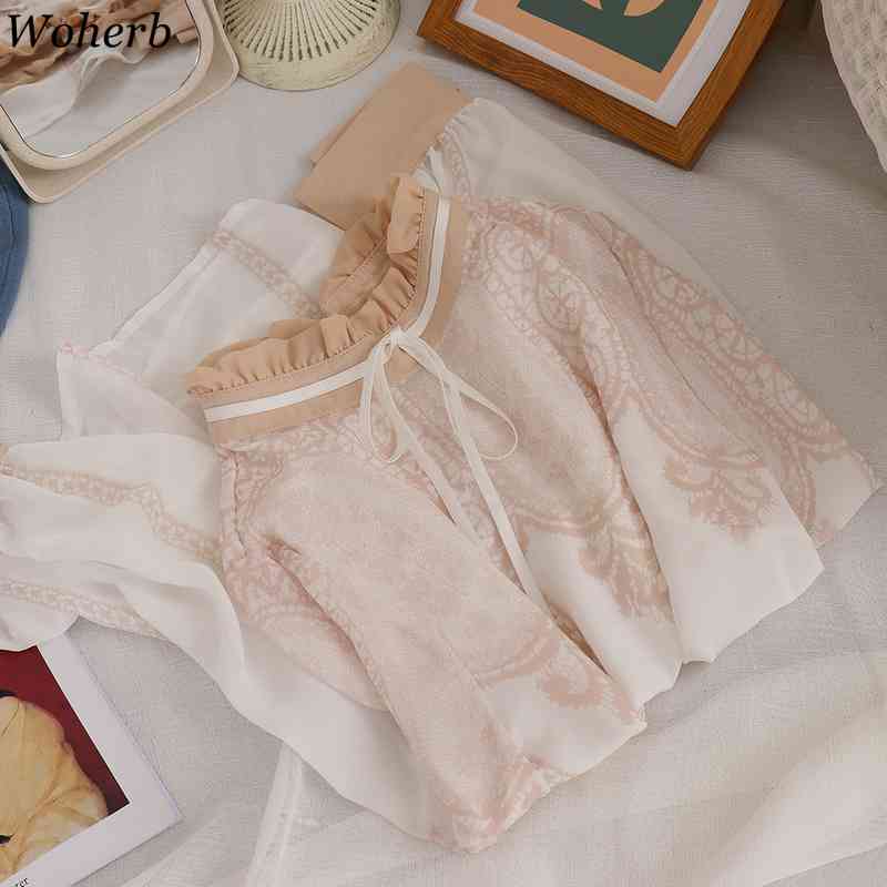 Women Fashion Chic Chiffon Shirt Summer Lace Patch Elegant Long Sleeve Blusas Vintage Stand Collar Blouse Clothes 210519