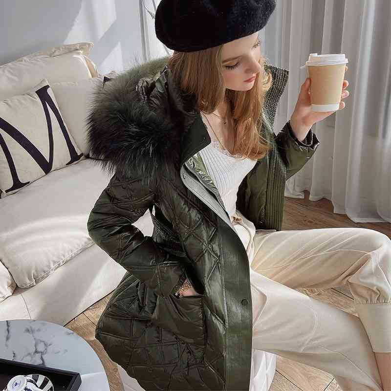 Dabuwawa Chic Diamond Pattern Women White Duck Down Jacket Raccoon Fur Hooded Solid Thick Long Coat Female Warm Winter DT1DDW036 210520