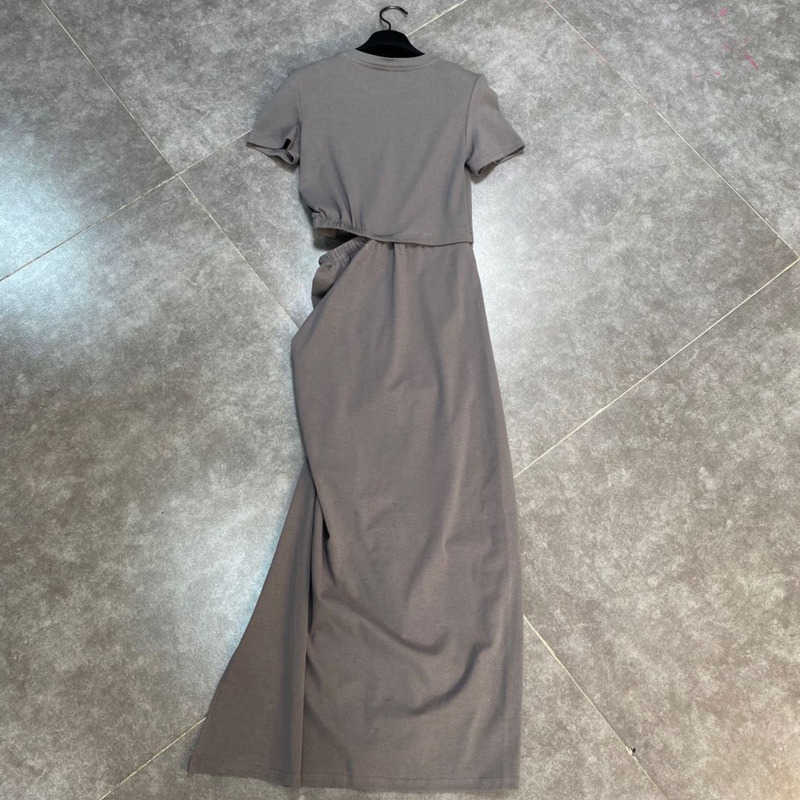 DEAT Women Holloe Out Pleated Midi-long Dress Round Neck Short Sleeve Arrivals Lady Sexy Fashion Spring Summer 11D694 210709