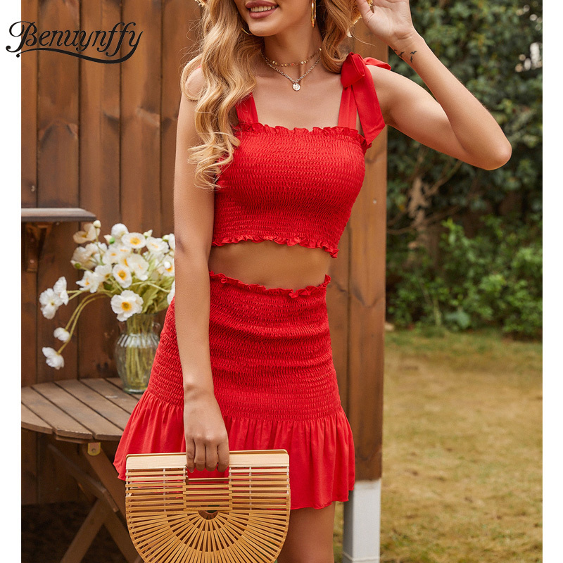 Bow Strap Frill Trim Crop Top with Ruffle Bodycon Mini Skirt Sets Women Fashion Street Two Piece Set Summer 210510