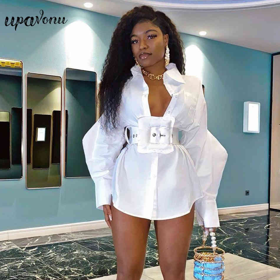 Free Fashion Ladies Loose Shirt Lapel Lantern Sleeve Single-breasted Belted Elegant Solid Color 210524