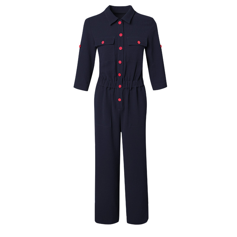 Womens 2021 autumn new fashion lapel cropped sleeves autumn section jumpsuit, Dark blue
Womens 2021 autumn new fashion lapel cropped sleeves autumn section jumpsuit, Dark blue