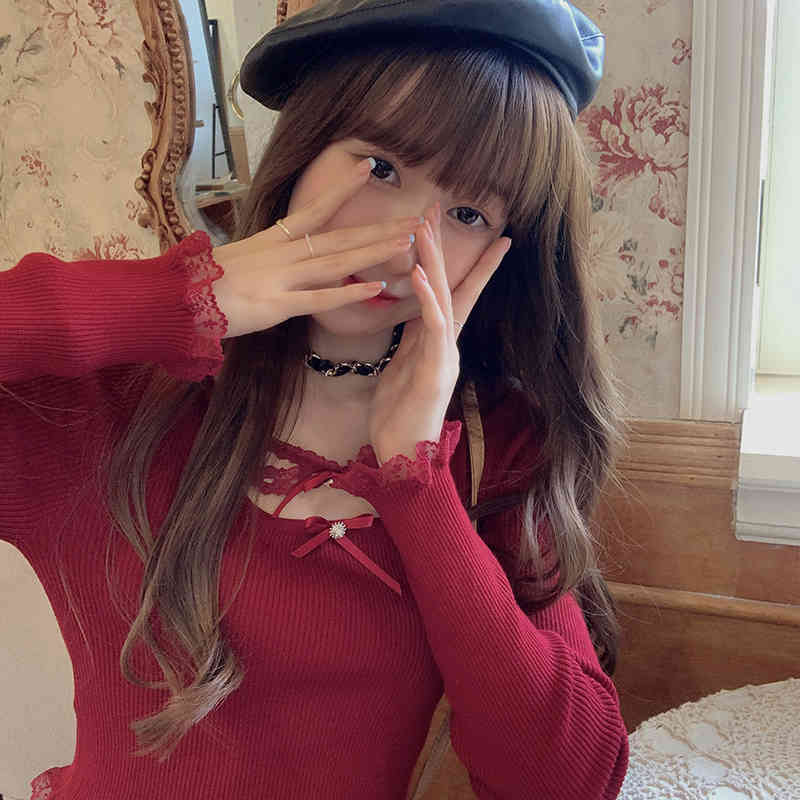 Nomikuma Sweet Bowknot Lace Square Collar Long Sleeve Knitwear Korean Slim Short Knitted Tops Autumn Pullover Pull 6C869 210427