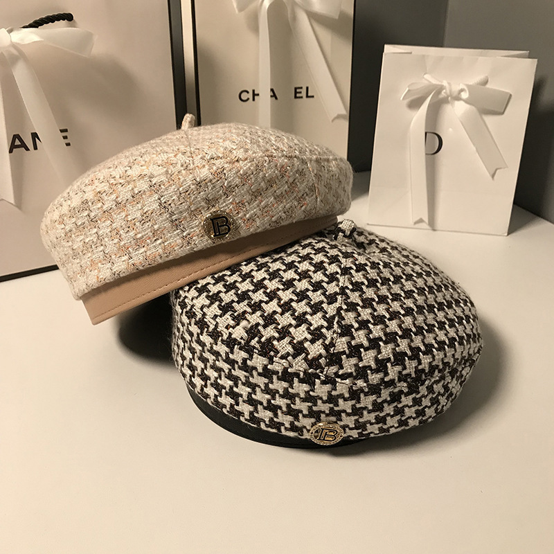 Autumn Winter Plaid Beret Hats For Women French Berets Fashion Female Houndstooth Black With Adjustable Rope 210429