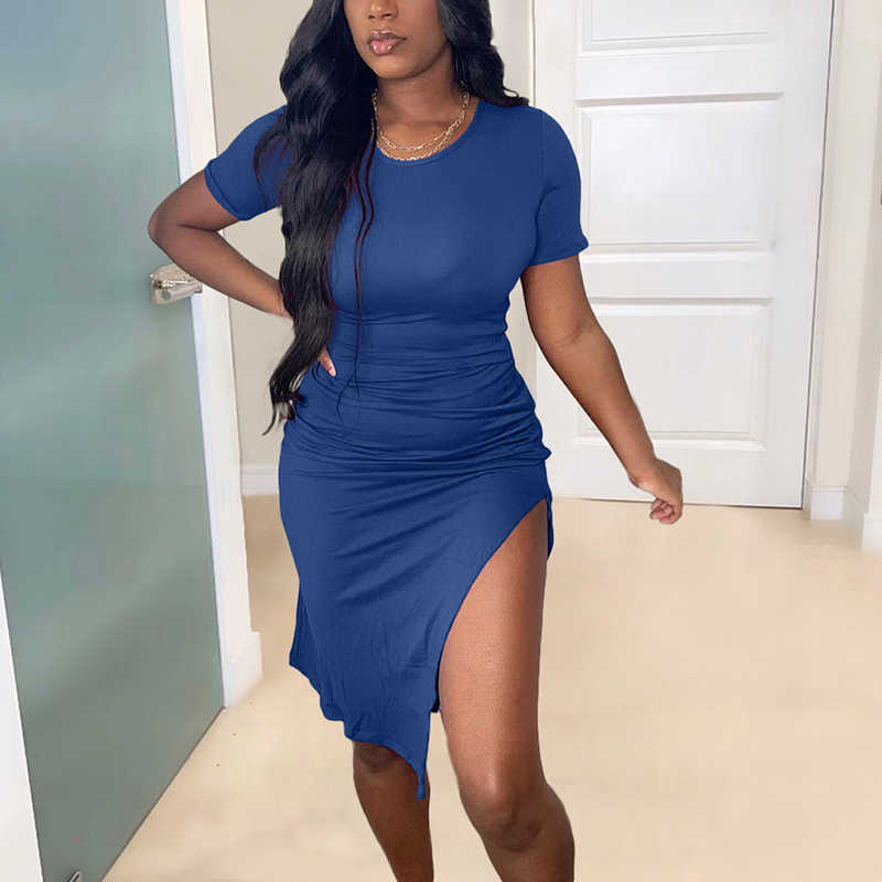Short Sleeve O Neck Casual Dress Summer Solid Slit Mini Dress 210702