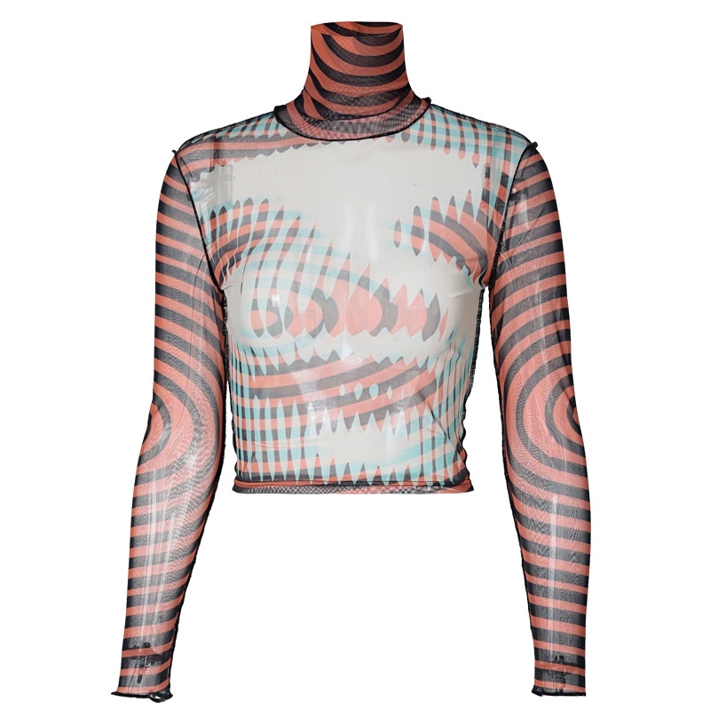 Europe and America spring mesh high collar camouflage printing long sleeve T-shirt Women tops 210602