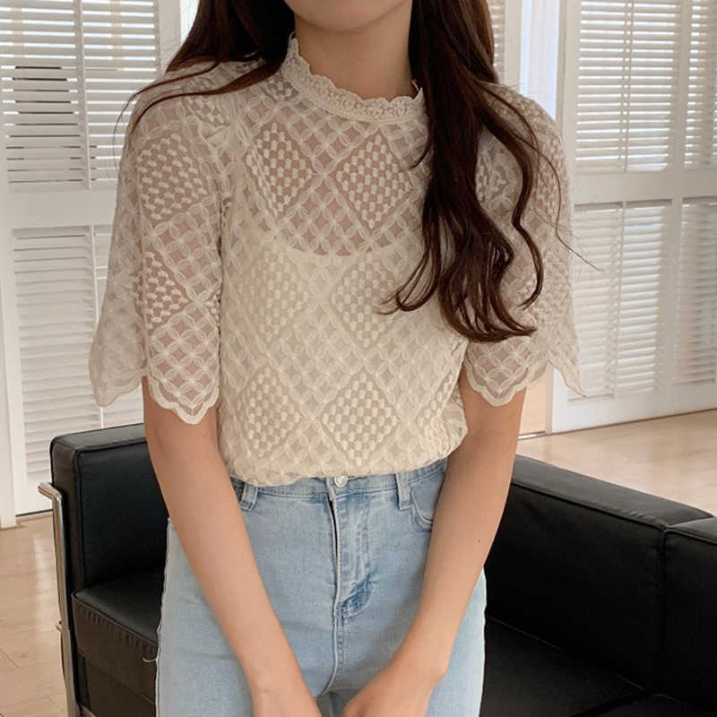 Korejpaa Women Shirt Summer Ladies French Retro Stand-Up Collar Lace Crochet Hollow Wavy Edge Slightly Transparent Blouses 210526