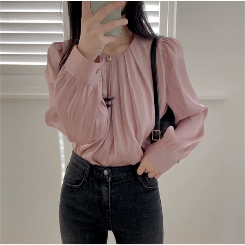 Korea Spring Women Elegant Solid Blouse Ladies Pullover O-Neck Long Sleeve Office OL Casual Shirt Femme 210519