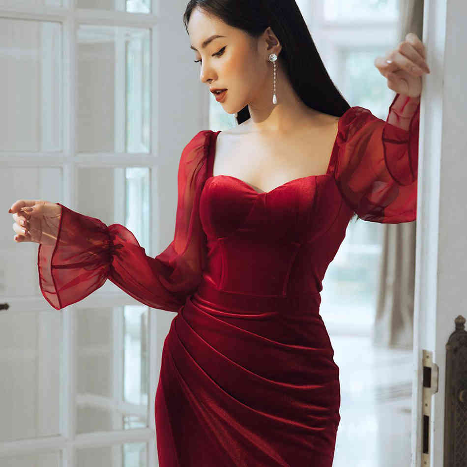 Summer Women Red Lace Fashion Midi Dress Sexy Long Sleeve Velvet Club Celebrity Evening Runway Party Lady 210423
