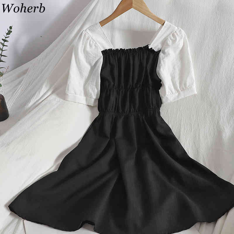 Pleated Slim Waist Dress Women Contrast Color Patchwork Short Sleeve Vestidos Korean Robe Square Neck Sweet Midi Dresses 210519
