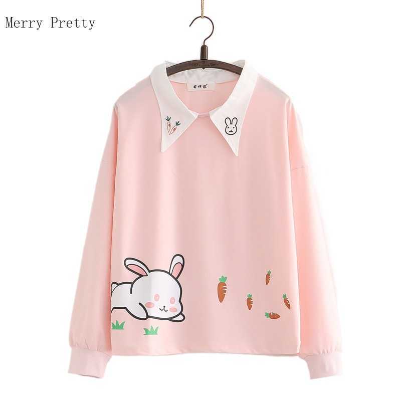 

Pink Smmer Cotton Hoodies For Women Cartoon Embroidery Casual Pullovers Sweatshirt Sweet Style Turndown Collar Korean Girly Top 210526