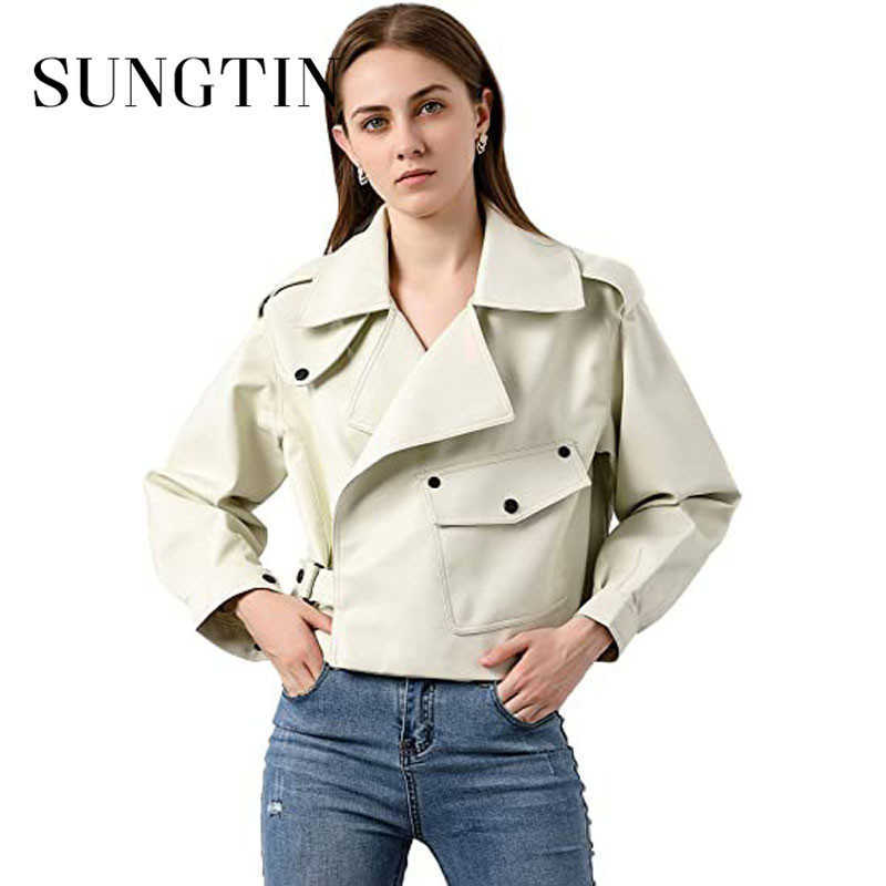 Sungtin Women Faux Leather Jacket Soft Loose Vintage Biker Coat Short Pockets Motor PU Black Jacket Autumn Street Leather Coat 210909