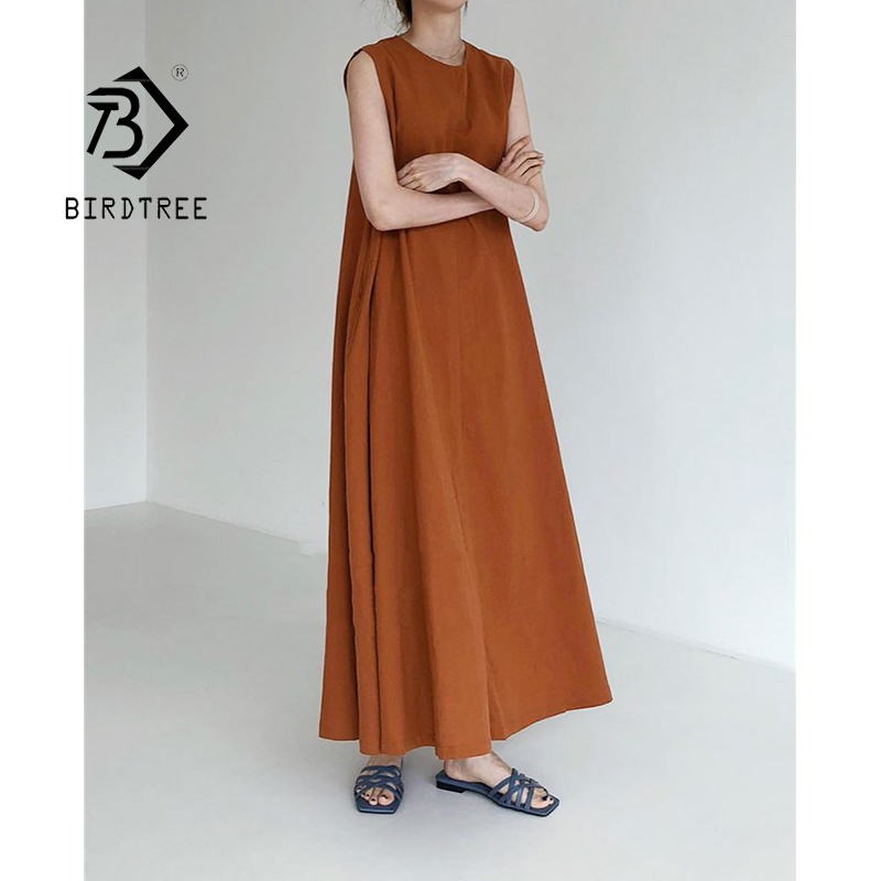 Summer Women's Korean Style Solid Sleeveless Maxi Dress O Neck Loose Casual A-Line Minimalist Office Long Dresses Lady D13701X 210416