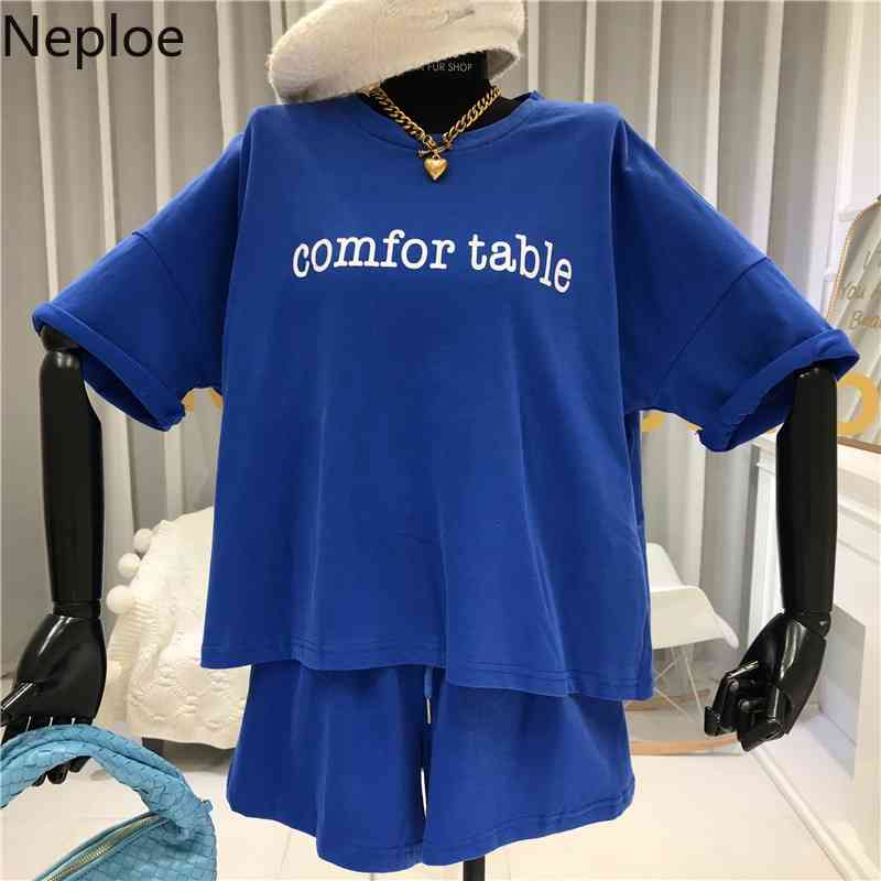 Neploe Tracksuit Sets Women Summer Fashion Letter Print Short-sleeved T-shirt Casual Shorts Loose Two-piece Suit Female 210422