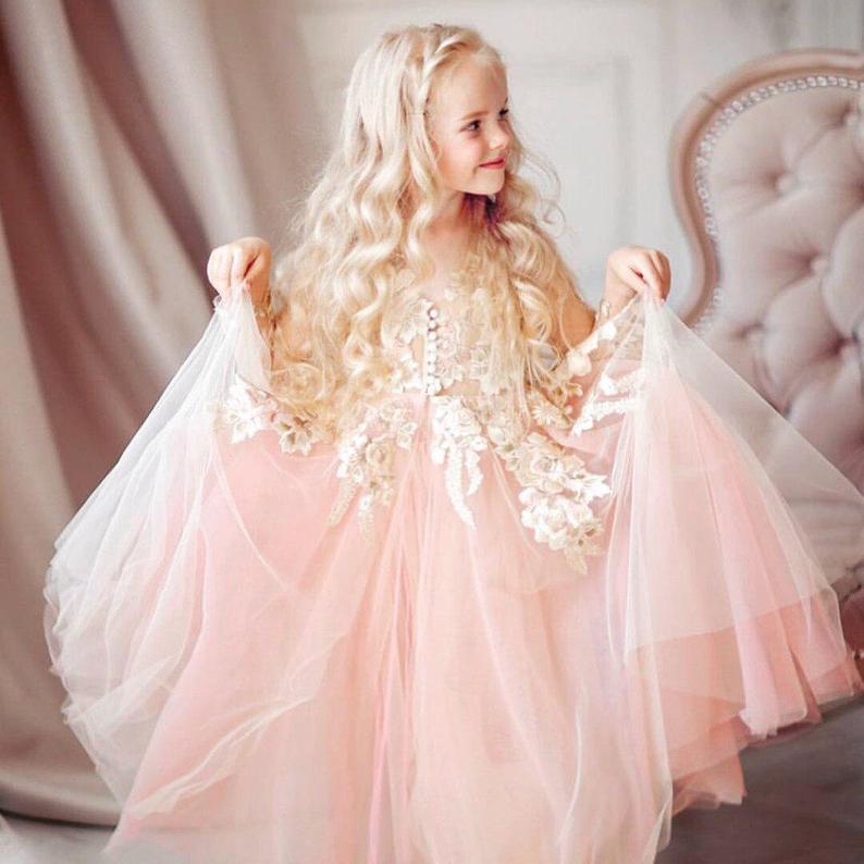 Pink Girl Dresses Wer For Wedding Party Lace Appliques Long Sleeve Mom Daughter Formal Gowns Little Girls Pageant Kids Toddler Birthday Dress AL S mal