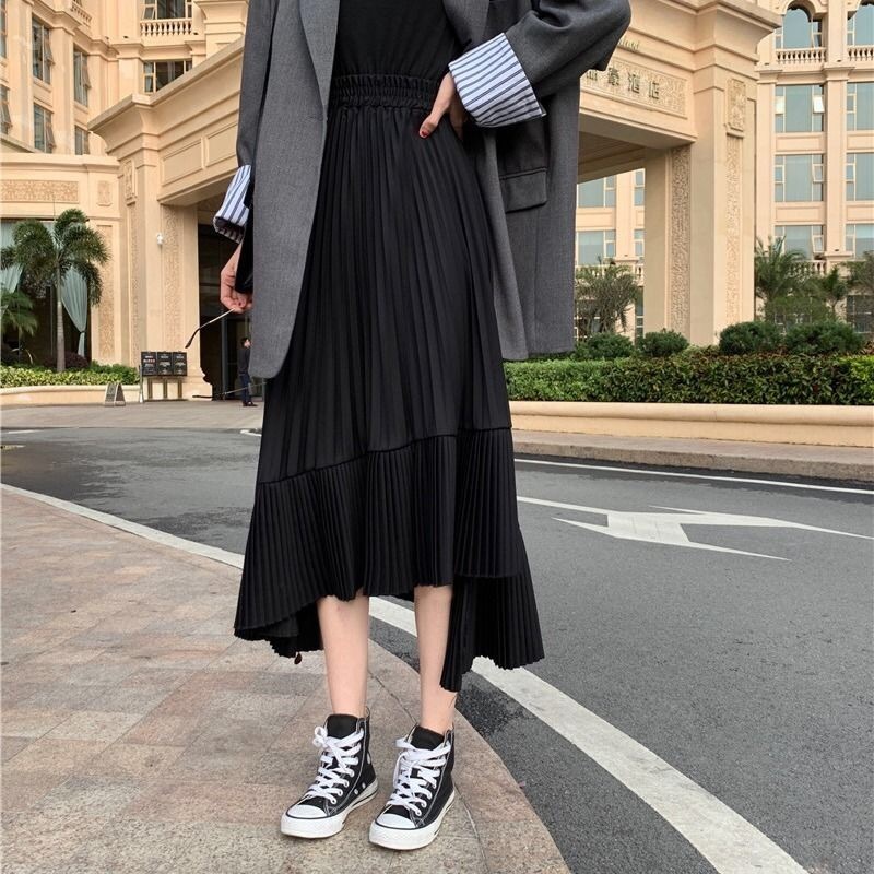 Irregular Long Pleated Skirts Womens Holiday Beach Boho Summer Elegant Ladies Chiffon High Waist 210421