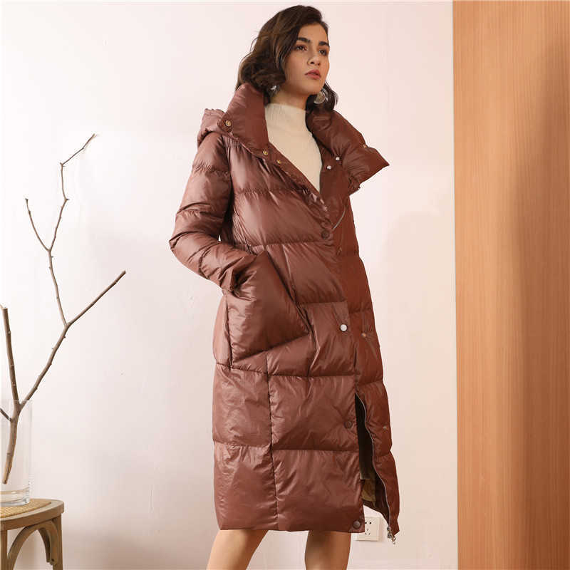 Janveny Women Loose Long Down Coat 90% White Duck Jacket Hooded Winter Plus Size Overcoat Female Thick Warm Feather Parkas 211013