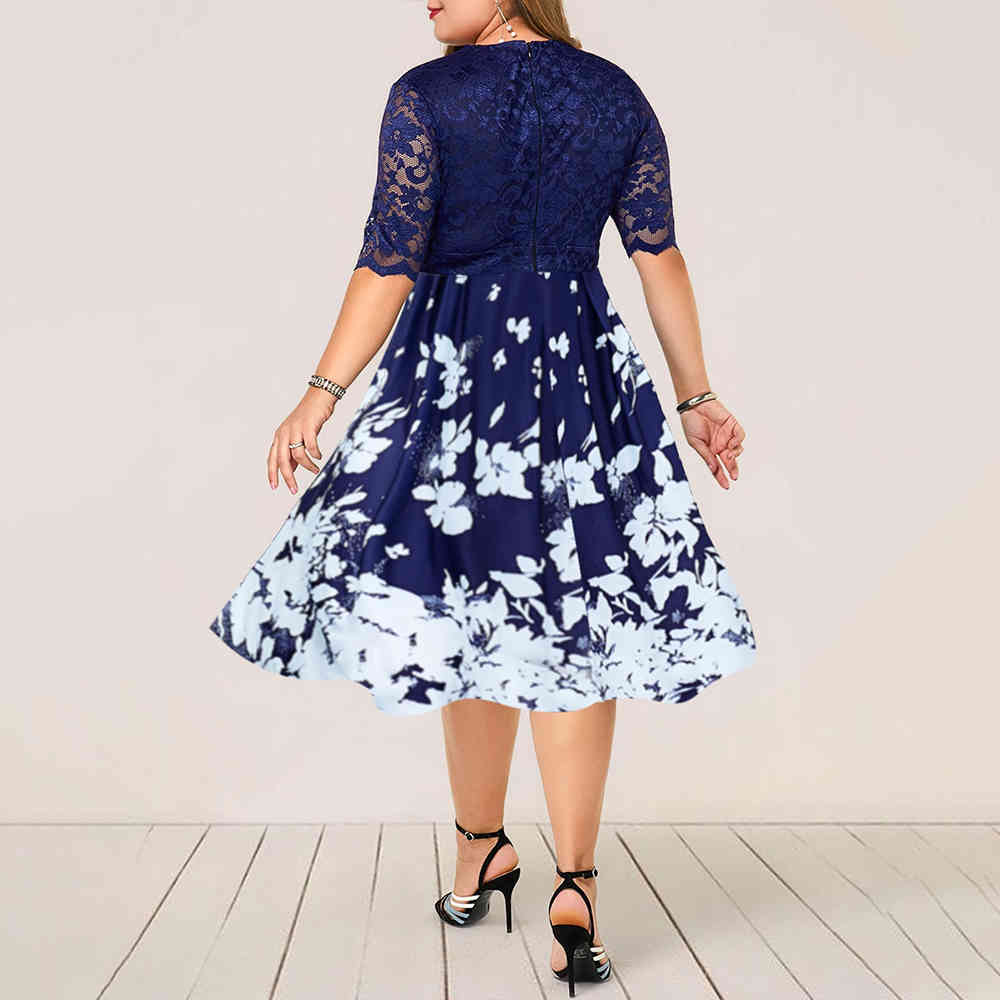 Plus Size Women Summer Dress Patchwork Flower Large Size Evening Party Lady Midi Dress Sexy Lace Calf Elegant Female Dress D20 210331