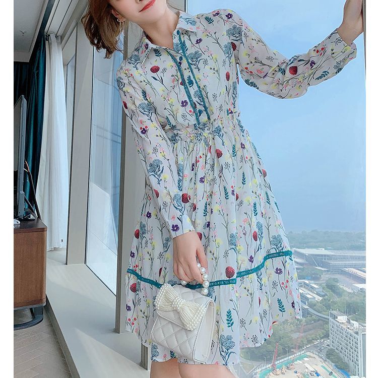 Spring Casual Vintage Floral Printed Shirt Dresses For Women Long Sleeve Loose Ruffles Elegant Bow Chic Dress Lady Clothes Femme 210515