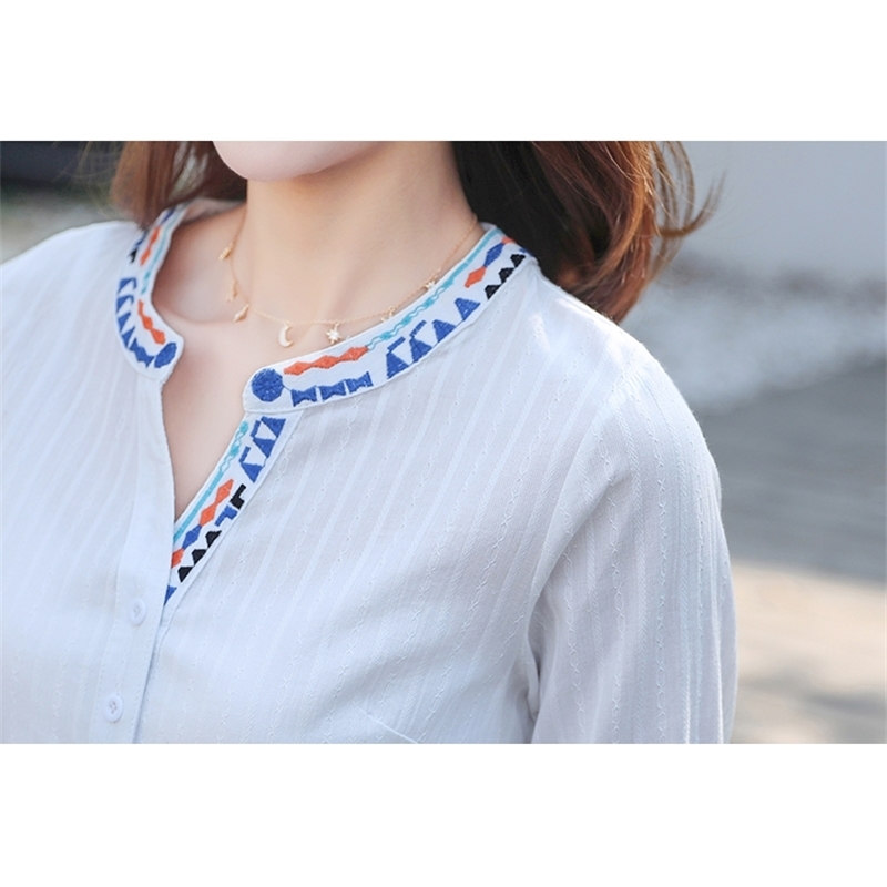 fashion v-neck white office lady shirt women blouse embroidered summer tops plus size clothing blusas D849 30 210506