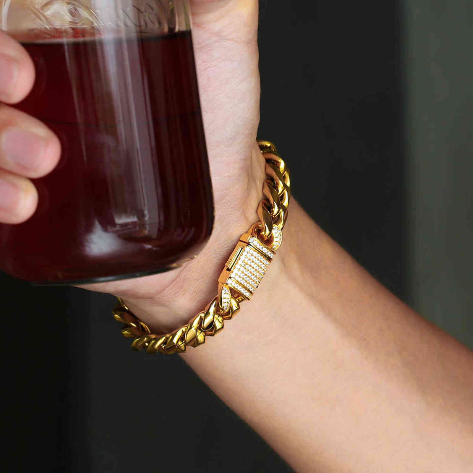 DNSCHIC 12mm Miami Cuban Bracelet CZ Buckle Stainless Steel Link for men women HIP-HOP Jewelry Rapper Punk Street Fashion 211124