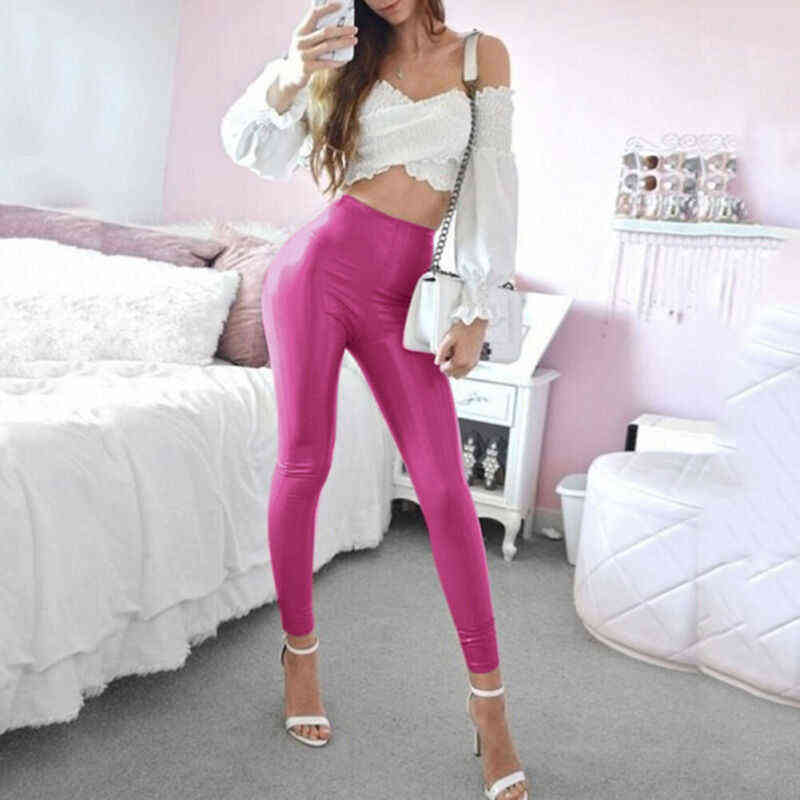 Sexy Women Gothic Leggings Wet Look PU Leather Black Slim Thin Long Pants Ladies Skinny Stretchy Plus Size 211204