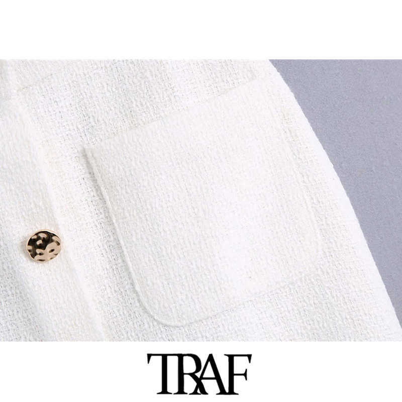 TRAF Women Chic Fashion With Buttons Front Slit Tweed Midi Skirt Vintage High Waist Back Zipper Female Skirts Mujer 210621