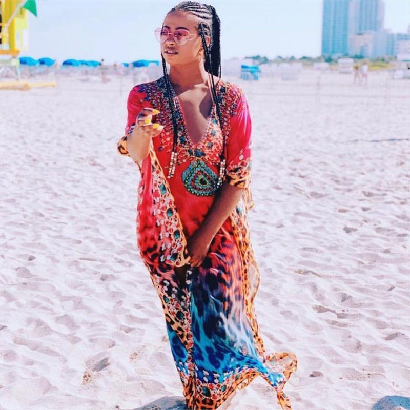 Bikini Cover-ups Red Bohemian Leopard Printed Summer Beach Dress Chiffon Tunic Women Wear Swim Suit Cover Up Q993 210420