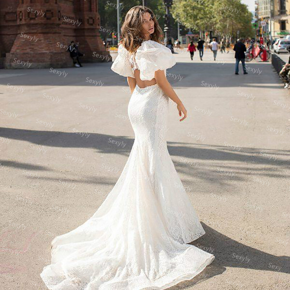 Gorgeous Full Lace Mermaid Bohemian Wedding Dress With Puff Sleeve Sexy Open Back Country Boho Bride Dresses Sweep Train 2021 Elegant Outdoor Women Ro