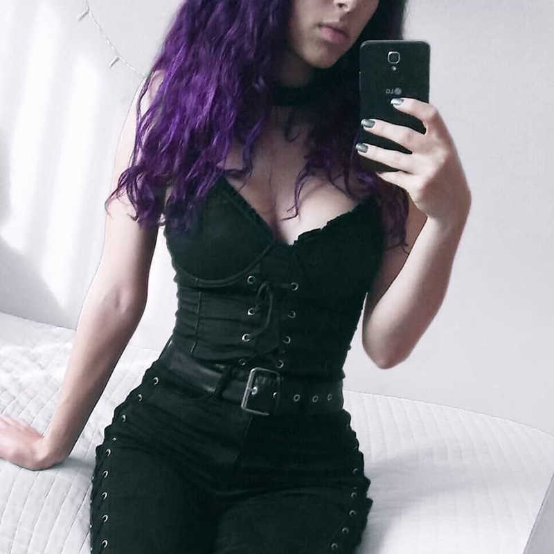 Sexy Lace up Bandage Crop Top Women Gothic Black Spaghetti Strap Sleeveless Tank Night Clubwear Summer Woman Camis 210603