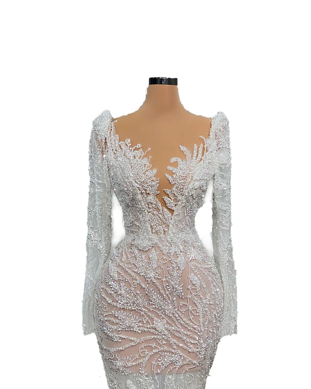 Saudi Arabia Pearls Mermaid Wedding Dress Sexy V Neck Long Sleeve Luxury Lace Sequins Appliques Bridal Gowns Crystal Bride robes de mariée