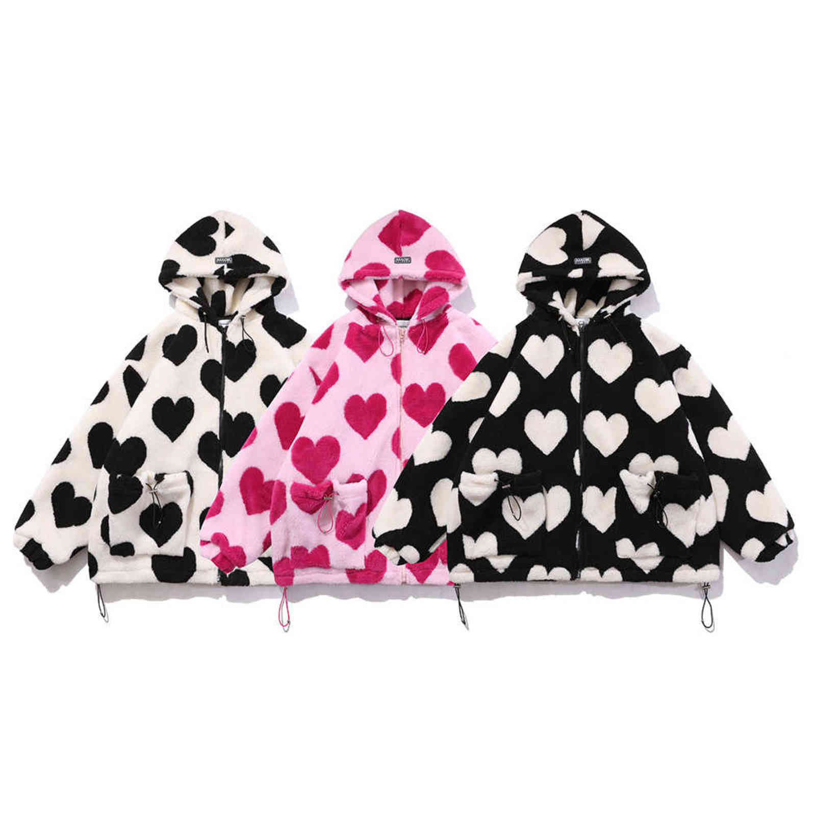 Aolamegs Cute Heart-shaped Print Lambswool Winter Jacket Men Drawstring Pockets Zipper Hooded High Street Warm Couple Streetwear 211110