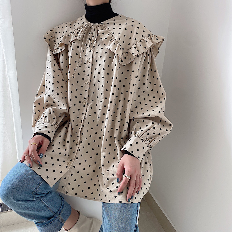 Nomikuma Korean Dot Women Doll Shirt Sweet Bow Tie Peter Pan Collar Blouse New Puff Long Sleeve Causal Blusas Femme 6D181 210427