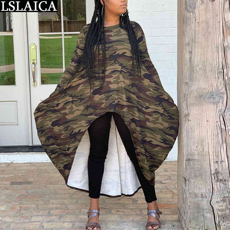 Loose Long Sleeve Dress for Women Camouflage Print Irregular Hem Woman Africa Elegant Streetwear es Autumn 210515