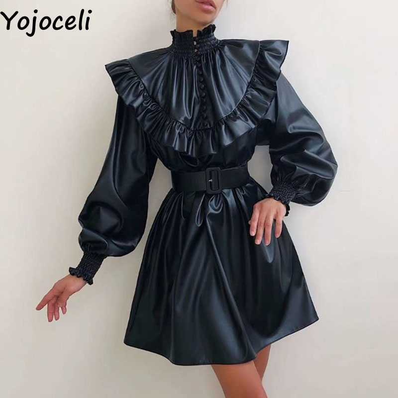Yojoceli Sexy black ruffle sashes leather dres Autumn elegant button casual party Spring cool short vestidos 210609
Yojoceli Sexy black ruffle sashes leather dres Autumn elegant button casual party Spring cool short vestidos 210609