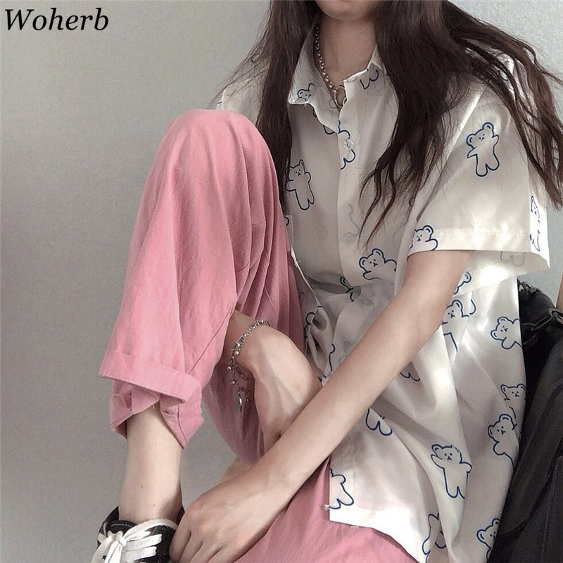 Cartoon Bear Print Blouse Women Korean Chic Short Sleeve Cute Blusa Shirt Kawaii Casual Fashion Lady Tops Clothes 210519