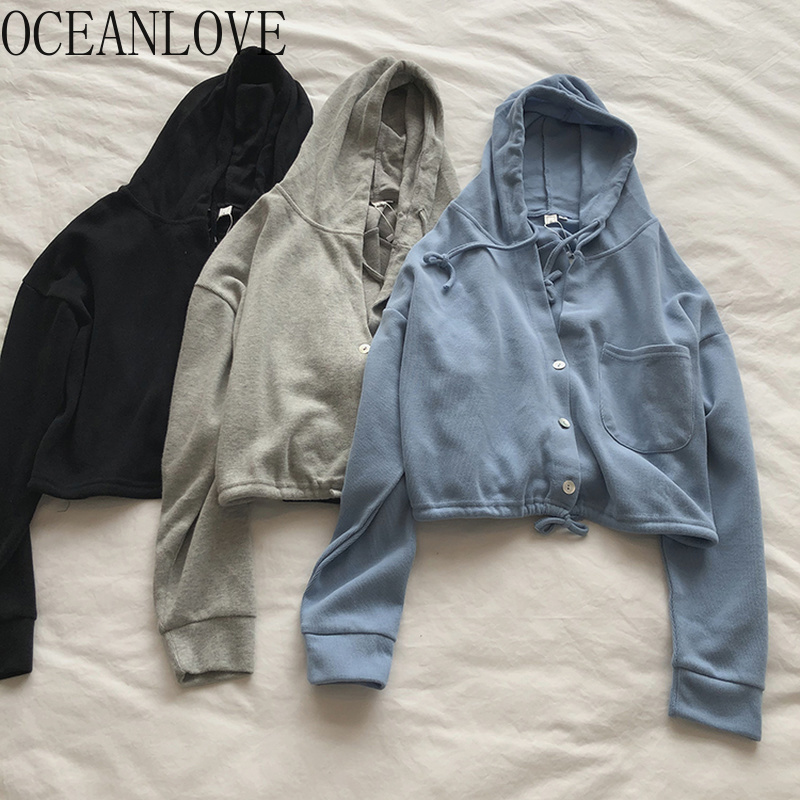 Fashion Short Hoodies Solid Autumn All Match Zip-up Moletom Long Sleeve Casual Sweatshirt Women Pocket 17612 210415