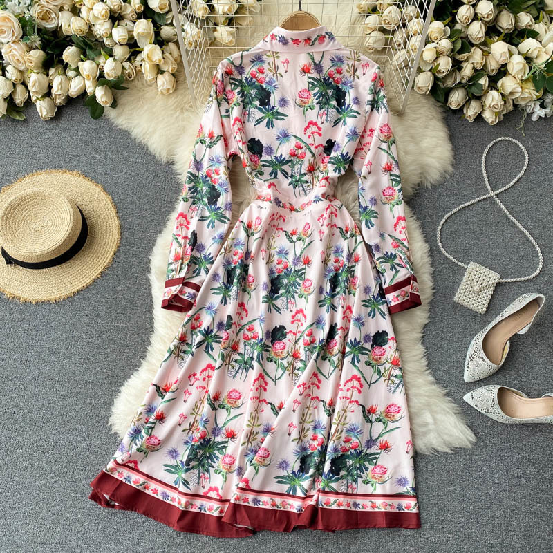LoveFlowerLife Spring Autumn Casual Solid A Line Floral Print Dress Turndown Collar High Waist Mid Calf Women Dresses 210521