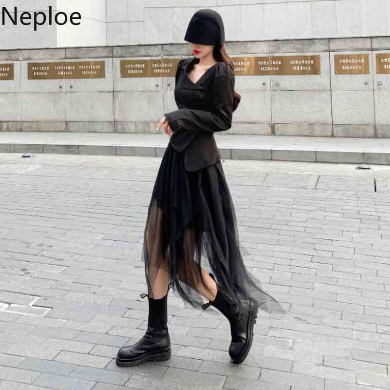 Neploe Two Piece Set Women Fashion Irregular Skew Collar Puff Sleeve Tops Jacket Black Gauze Skirt Temperament Harajuku Suit 210422
