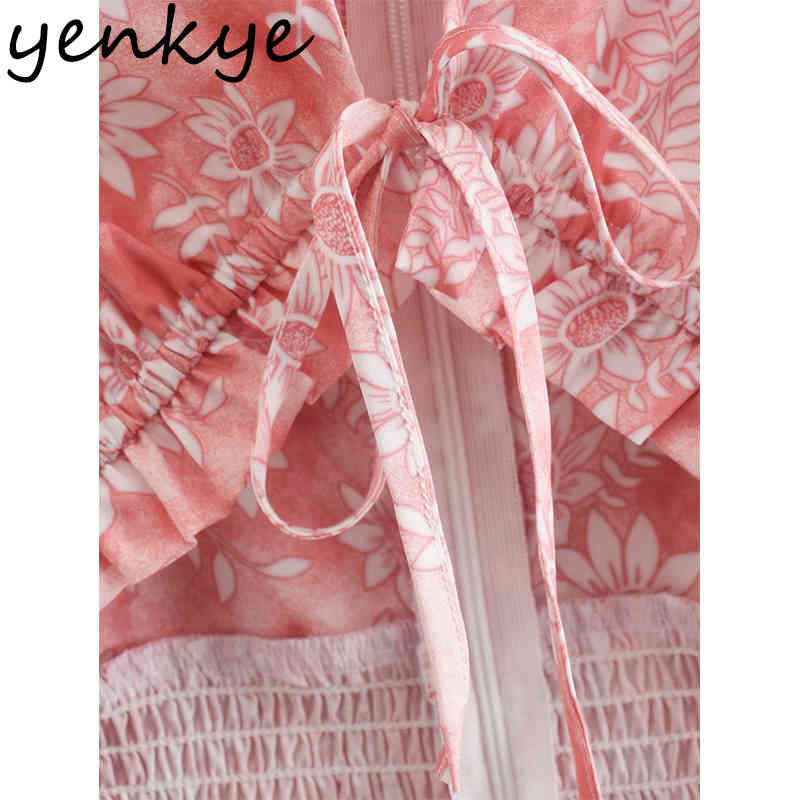 Sweet Pink Floral Print Dress Women Sexy V Neck Sleeveless Sling Holiday Long Female Summer Hollow Out Vestido 210430