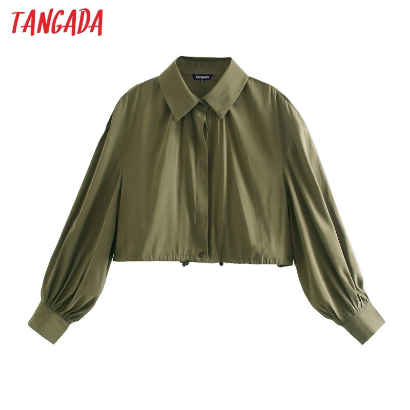 Women Retro Amy Green Oversize Crop Long Sleeve Chic Female Short Blouse Shirt Tops JE18 210416