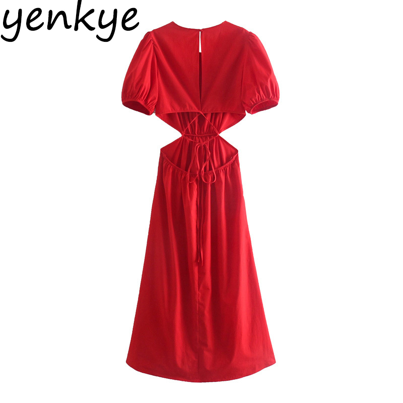 Fashion Women Sexy Hollow Out Red Dress Female O Neck Puff Sleeve A-line Summer Party Dresses Chic Midi Vestido 210430
