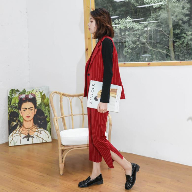 Work Wear Elegant Pants Suit 2 Piece Set Women Striped Vest Blazer & Office Lady Notched Jacket Formal Sets 210421