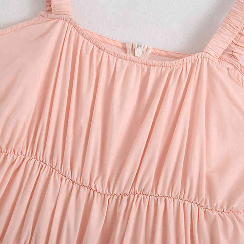 Women Sweet Pink Pleated Midi Dresses Summer Spaghetti Strap Cotton Ruffle Female Sleeveless Party 210515