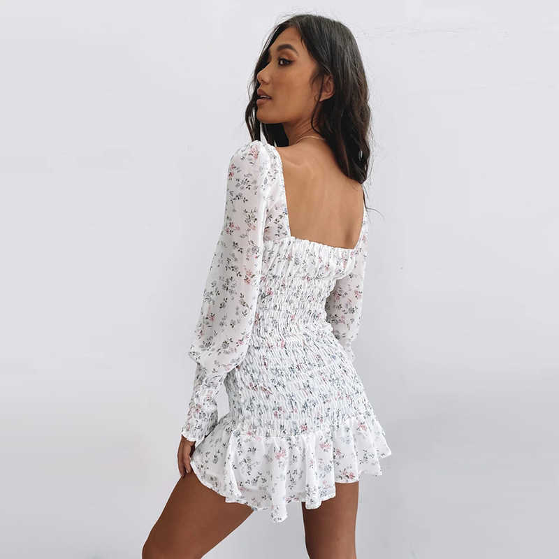 Summer Drawstring Square Neck Backless Puff Sleeve Floral Print Mini Dress Lady Chiffon Ruched Elastic Waist Ruffles White 210604