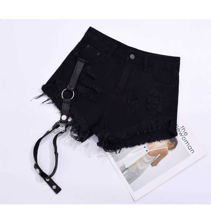 Summer Denim Shorts for Women Sexy Rivet Ring Harness Band Casual Jeans Shorts High Waist Worn-out Hole Black Shorts Lady 210625