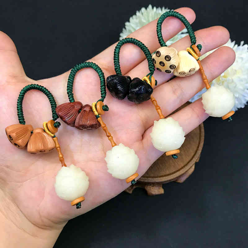 Key Rings Chinese Wind Bodhi Root Carved Lotus Purse Chain Pendant Mahogany Canopy Car
