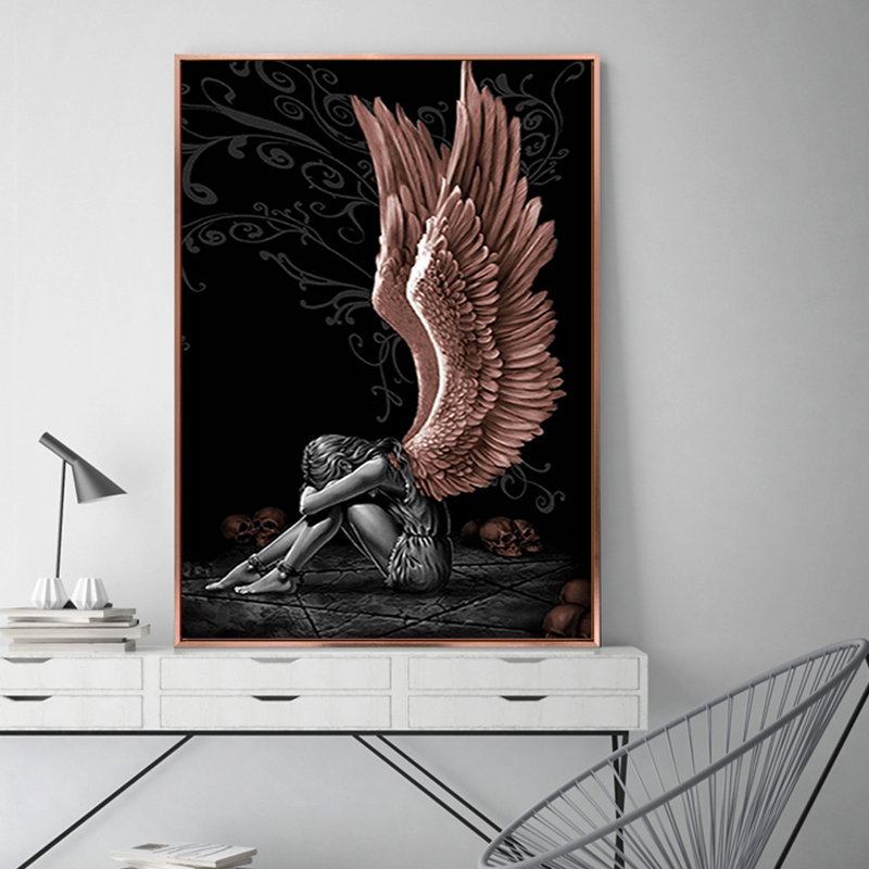 Angels And Demons Canvas Painting Gray Character wings Skull Posters Print Scandinavian Cuadros Wall Art Picture for Living Room