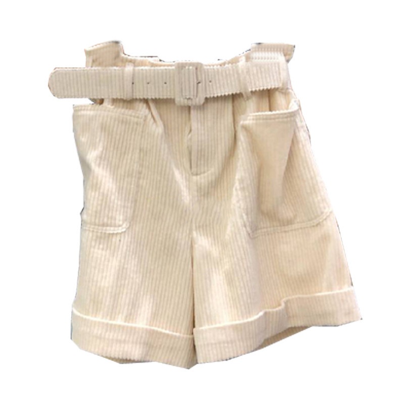 Nomikuma New Corduroy Women Shorts Korean Belt High Waist Wide Leg Short Causal Solid Autumn Winter Bottoms Femme 6D141 210427